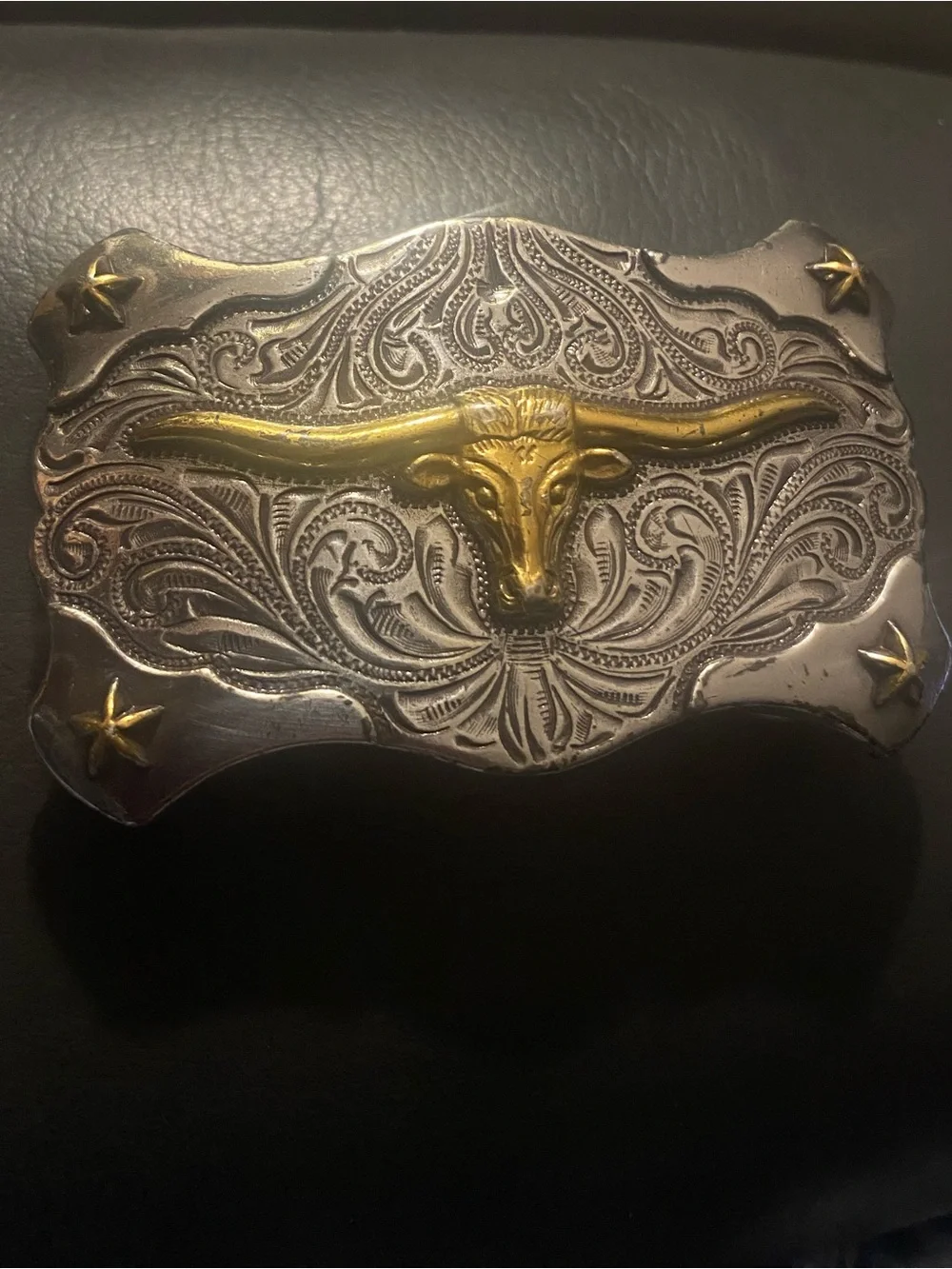 Vintage Western Style Longhorn Steer Belt Buckle Two-Tone Silver & Gold Draign